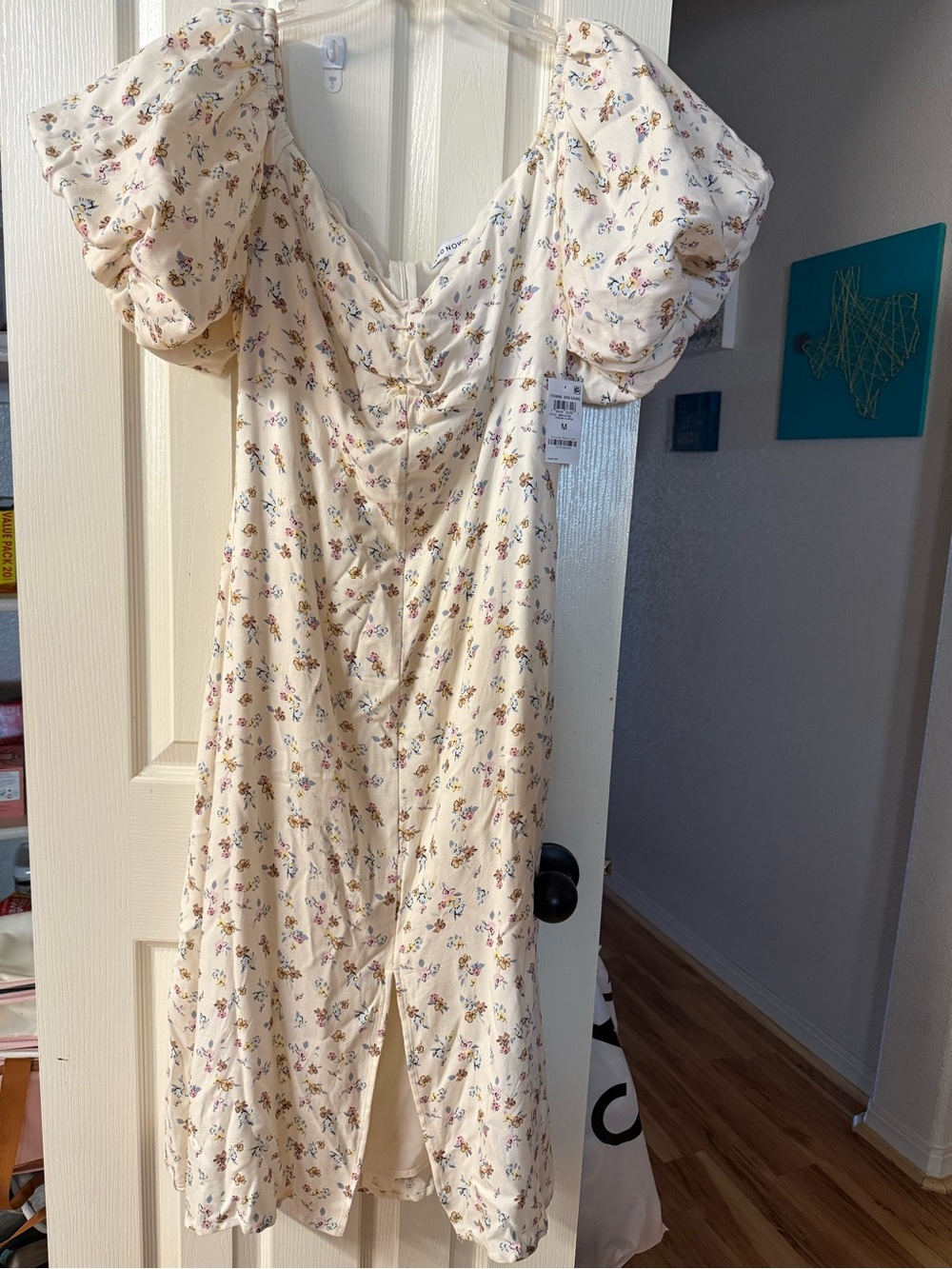 Cream Floral Puff-Sleeve Slip Dress by